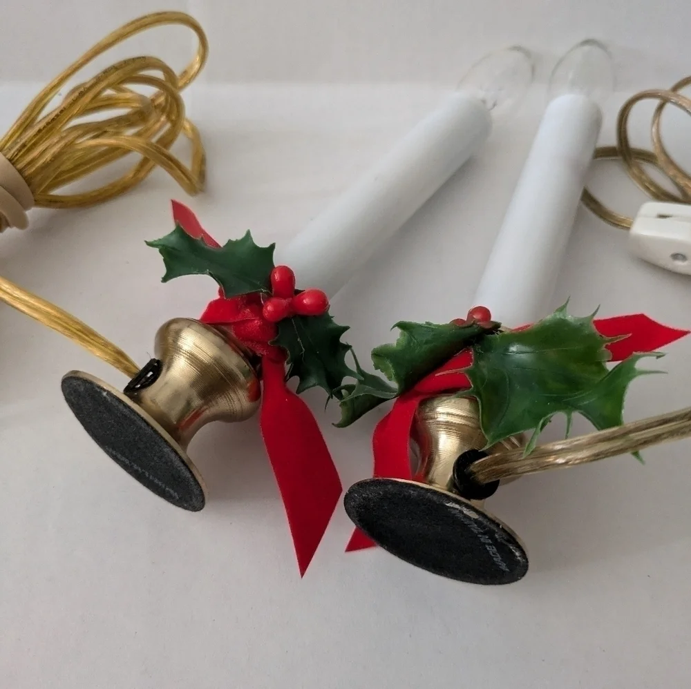 70's Brass Electric Faux Christmas Candlestick Window Lamp. Set of 2